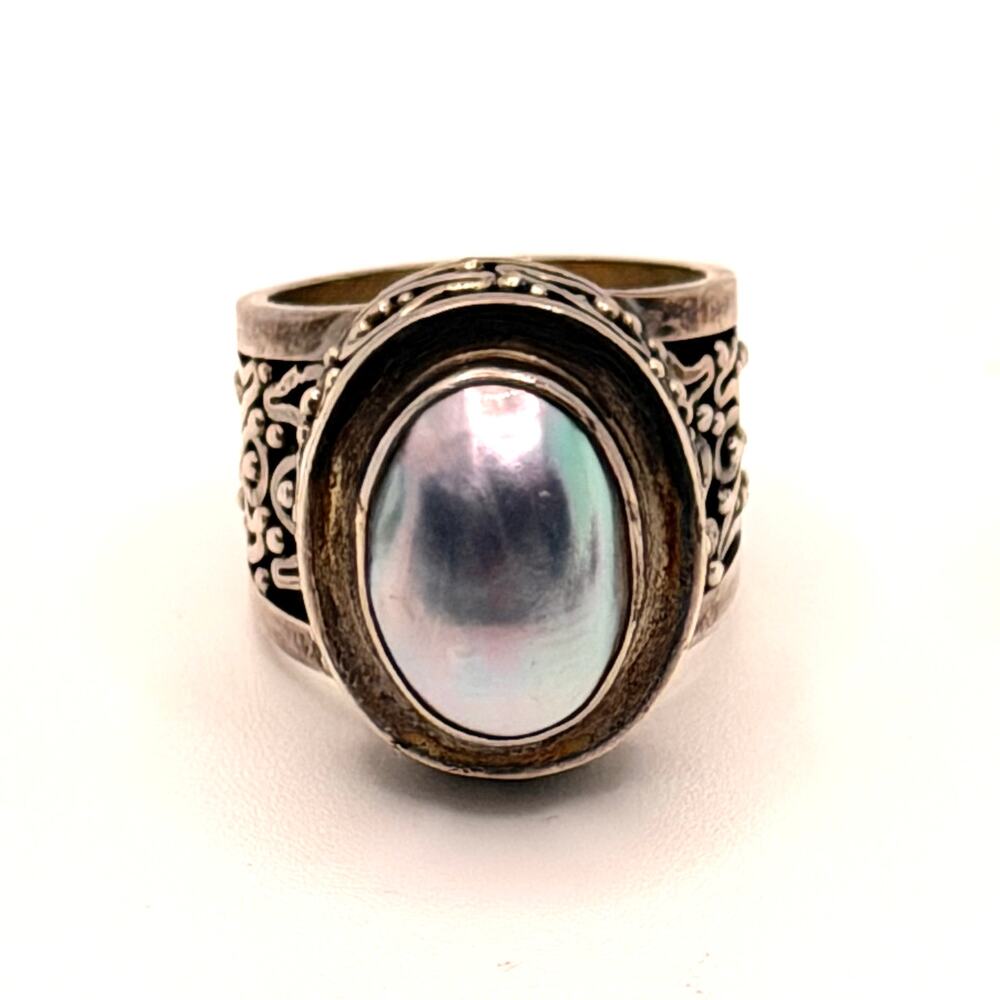Vintage 90s Sterling Silver Stamped Mother of Pearl Ornate Statement Ring